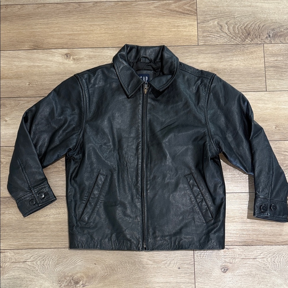 GAP Kids Vintage Black Bomber-Style Leather Jacket - size medium